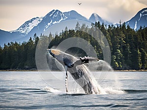 Ai Generated illustration Wildlife Concept of Humpback Whale Breaching Kenai Fjords National Park Alaska