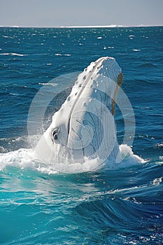 A humpback whale breaching the ocean surface with power.