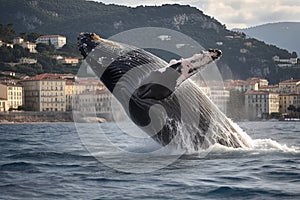 Humpback whale breaching off of Genoa coast illustration generative ai