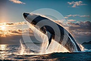 A humpback whale breaching the surface of the ocean at sunset.