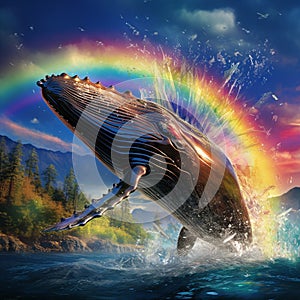 Humpback whale breaching with vibrant rainbow