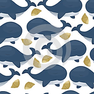 Humpback whale character seamless pattern background. Sea marine mammal ocean nature water animal illustration.