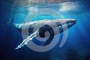 Humpback whale in the deep blue ocean. Underwater scene, Humpback whale swimming in deep blue ocean. Underwater photography, AI