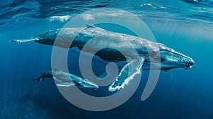 A humpback whale and her calf swim in azure waters