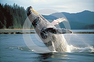 Humpback Whale jumping in a nothern bay. AI generative