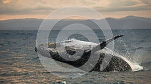 Humpback whale jumps out of the water. Beautiful jump. A rare photograph. Madagascar. St. Mary`s Island.