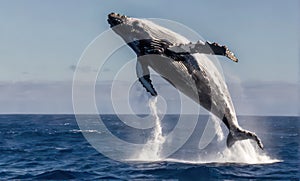 A humpback whale leaping out of the ocean, showcasing its massive size and power