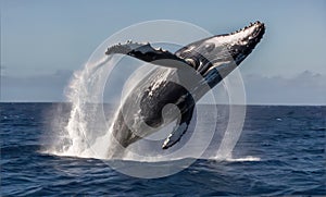 A humpback whale leaping out of the ocean, showcasing its massive size and power
