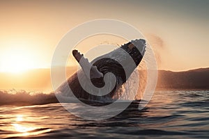 A humpback whale's tail and flipper in mid-air, as it breaches out of the ocean