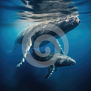 A humpback whale supports her very young calf near the ocean\'s surface