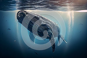 Humpback whale swimming in deep blue ocean. generative ai