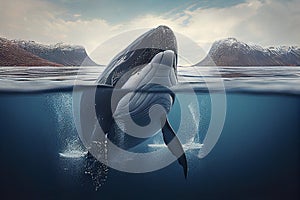 Humpback whale swimming in deep blue ocean. generative ai