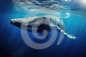 Humpback whale swimming in the deep blue ocean, underwater photo, Humpback whale swimming in deep blue ocean. Underwater