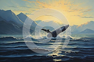 Humpback whale swimming in the sea at sunset. 3D Rendering, Seascape with Whale tail, AI Generated