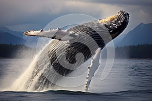 Humpback whale tail in Alaska, United States of America, Jumping humpback whale over water, AI Generated