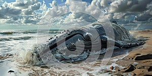 The humpback whale washed ashore. Environmental Protection Concept