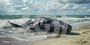 The humpback whale washed ashore. Environmental Protection Concept