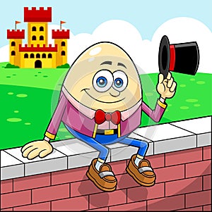 Humpty Dumpty Egg Cartoon Character Sitting On Wall Waving Hat