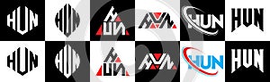HUN letter logo design in six style. HUN polygon, circle, triangle, hexagon, flat and simple style with black and white color photo