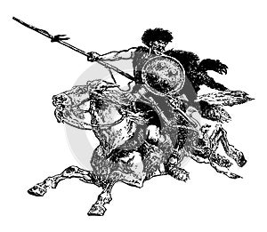Hun Warrior on Horseback in Battle vintage illustration
