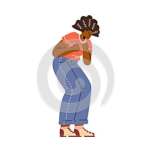 Hunched sad woman from sorrow losing bowling game cartoon vector, defeated upset afro female character player isolated