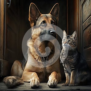 Hund and Katze sitzen verliebt nebeneinander