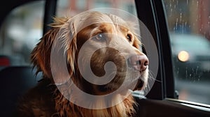 Hund schaut aus dem Fenster eines fahrenden Autos. Generative AI