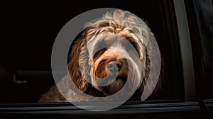 Hund schaut aus dem Fenster eines fahrenden Autos. Generative AI