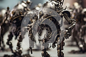 hundert of humanoids silver metal robots marching generative AI