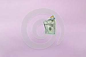 Hundred dollar bill. Falling money on pink background. American cash. Dollar banknotes flying on pink background