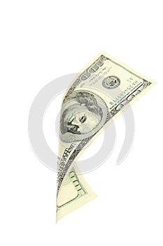 Hundred dollar bill falling on white background.