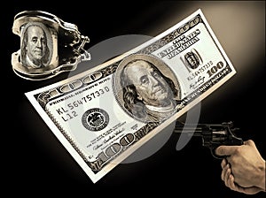 Hundred-dollar bill, handcuffs and gun rivers. concept crime