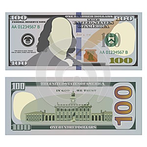 Hundred dollar bill, new design on both sides. 100 US dollars banknote, from front and reverse side. Vector illustration
