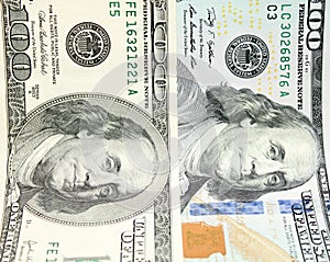 Hundred Dollar Bills for background. Old and new banknotes closeup.