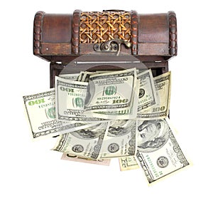 Hundred-dollar bills at chest box on a white