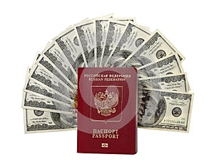 Hundred dollar bills fan with a passport