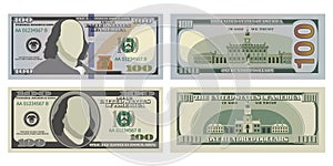 Hundred dollar bills in new and old design from both sides. 100 US dollars banknote, from front and reverse side. Vector