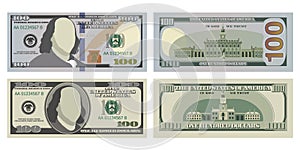 Hundred dollar bills in new and old design from both sides. 100 US dollars banknote, from front and reverse side. Vector photo