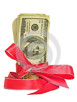 Hundred Dollar Bills Tied in a Red Ribbon