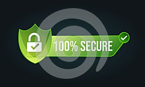 Hundred percent secure green vector icon, safe secure illustration with pad lock
