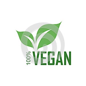 Hundred percent Vegan logo with green leaves for organic Vegetarian friendly diet photo
