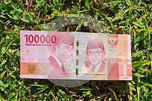 Hundred thousand rupiah paper money on green grass