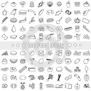 Hundred various food and drink outline icons big set eps10