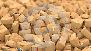 Hundreds of cardboard parcels lying on a heap