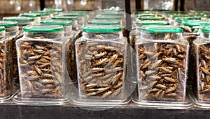 Hundreds of crickets in glass containers. Insect farming. Edible insects. AI Generated Image