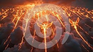 Fiery Winged Creatures Rising from Clouds in Dramatic Sunset Sky