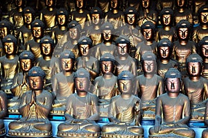 Hundreds of golden Buddha statues background