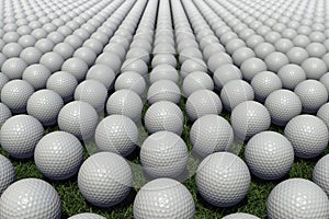 Hundreds of golf balls lined up on a meadow