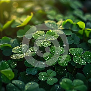 Hundreds of green clovers with dewdrops on a field at sunrise. The green color symbol of St. Patrick\'