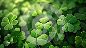 Hundreds of green three-leaf clovers, banner. The green color symbol of St. Patrick\'